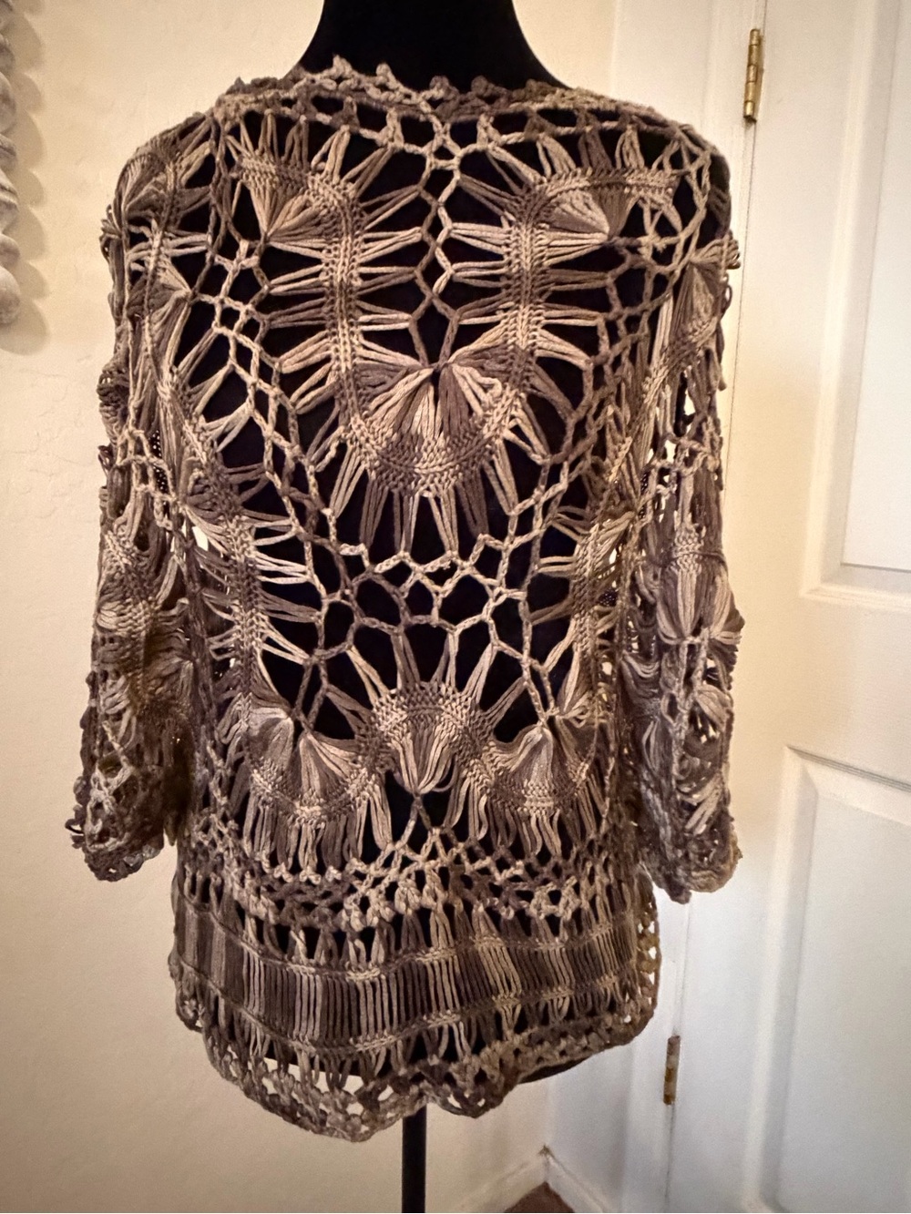 Elisa Europan Brown Open Knit Crochet Sweater Boho Festival Cover Up NWT